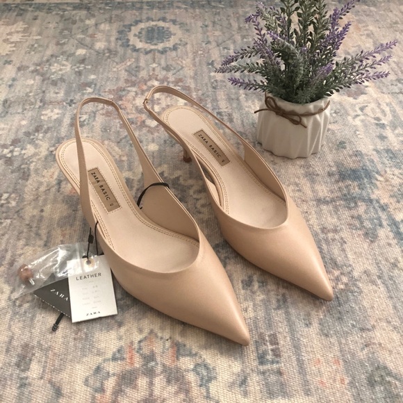 Zara Shoes - NWT Zara Pointy Toe Leather Slingback Kitten Heels
